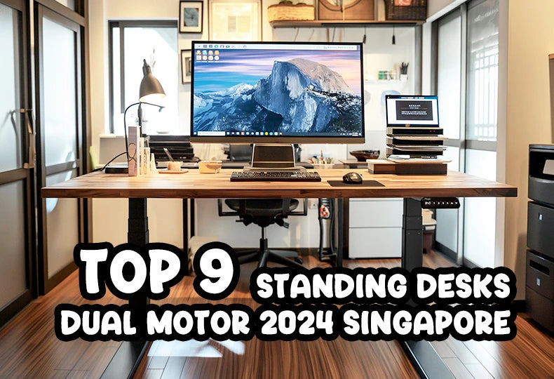 Top 9 Standing Desks Dual Motor 2024 Singapore - An ergonomic workspace featuring a standing desk with a dual motor setup, from the brand Flujo. The desk is situated in a well-organized office environment, complete with a desktop computer, laptop, monitor stands, and various desk accessories. The interior is modern with ample natural light.