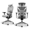 Ayla Ergonomic Chair in light grey, demonstrating side and back views with mesh backrest and multiple levers for personalized comfort.
