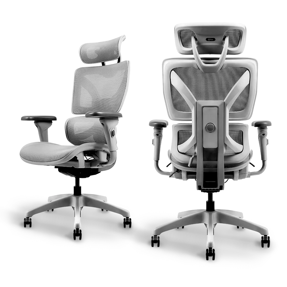 Ayla Ergonomic Chair in light grey, demonstrating side and back views with mesh backrest and multiple levers for personalized comfort.