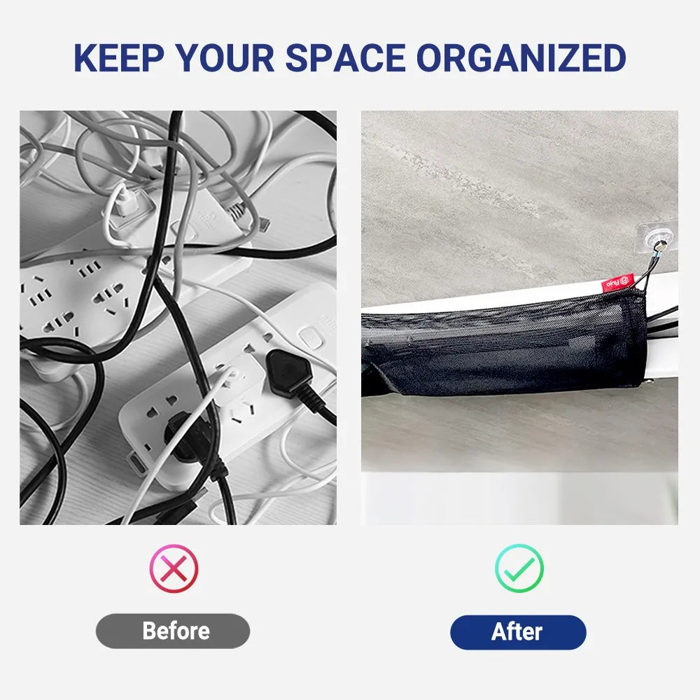 Keep your space organized with before and after comparison of cable clutter solved by an under-desk cable management net in Singapore.