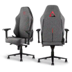 Triton Ergonomic Gaming Chair Fabric in charcoal gray with red accent stitching, displaying its high backrest and adjustable armrests for comfortable gaming sessions.