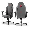 Triton Ergonomic Gaming Chair Fabric in charcoal gray with red accent stitching, displaying its high backrest and adjustable armrests for comfortable gaming sessions.