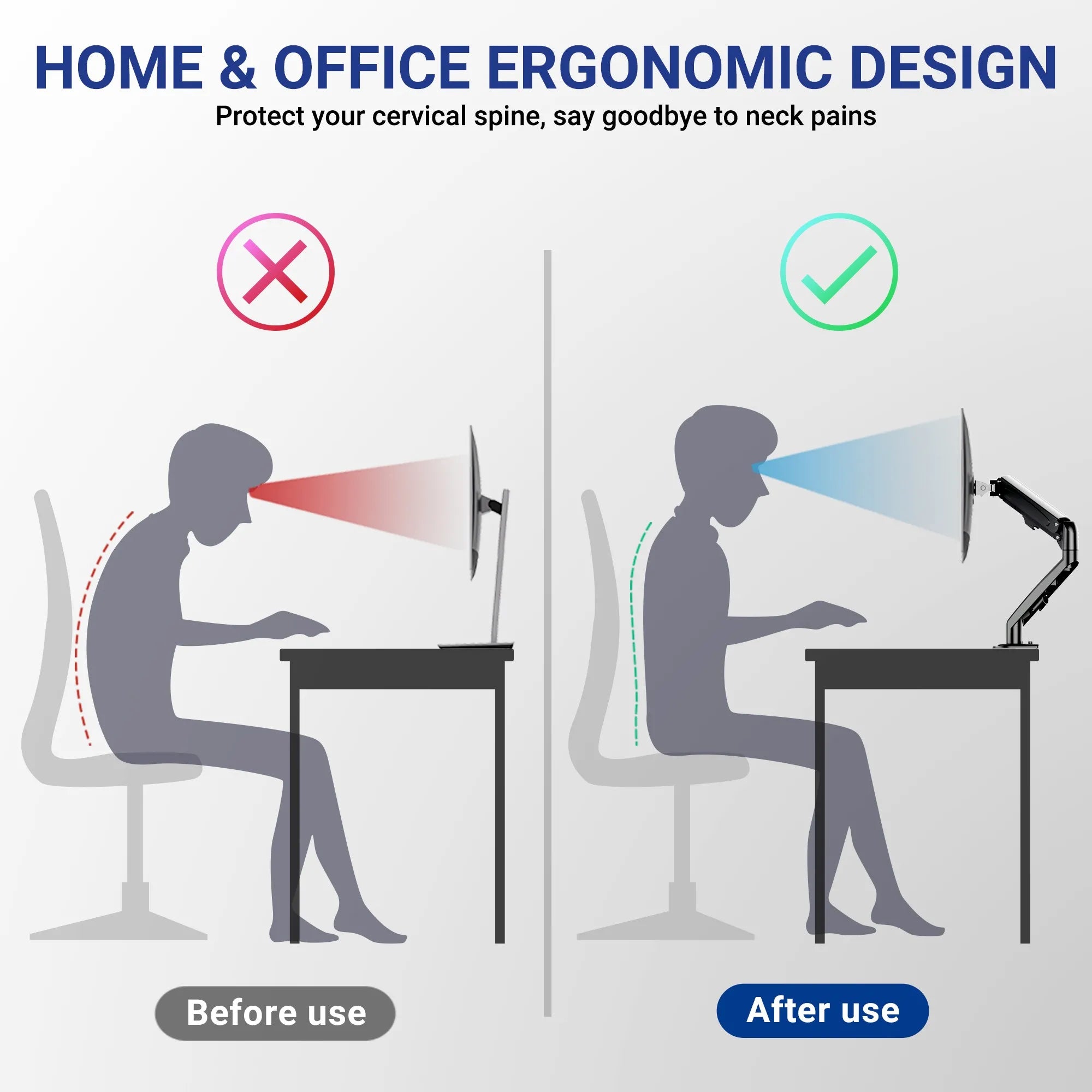 Comparison of posture before and after using an ergonomic monitor arm, highlighting spine health and neck pain reduction in Singapore.