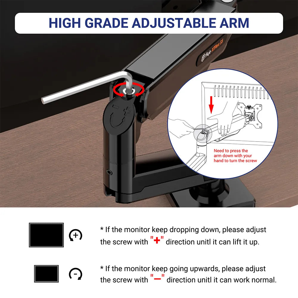 Close-up of high-grade adjustable arm for monitors with tension control screw, designed for ergonomic desks in Singapore.