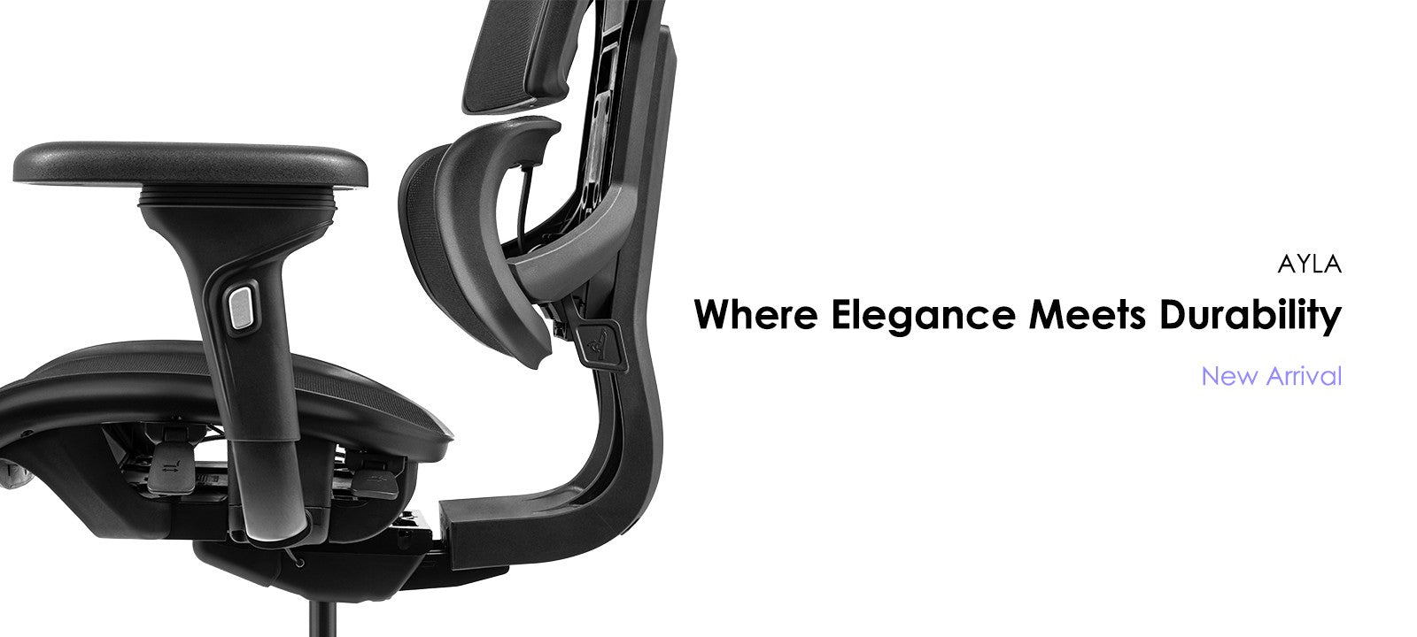 Side view of Ayla ergonomic chair focusing on design and structure with 'Where Elegance Meets Durability' slogan.