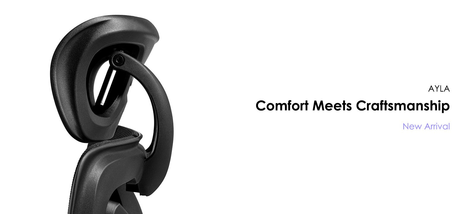 Close-up view of Ayla ergonomic chair's armrest and adjustment knob with 'Comfort Meets Craftsmanship' slogan.