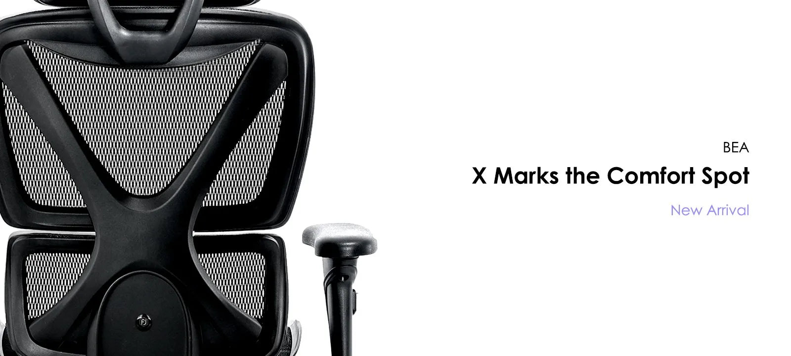 Ergonomic office chair with X-shaped backrest design, promoting 'X Marks the Comfort Spot' by BEA.