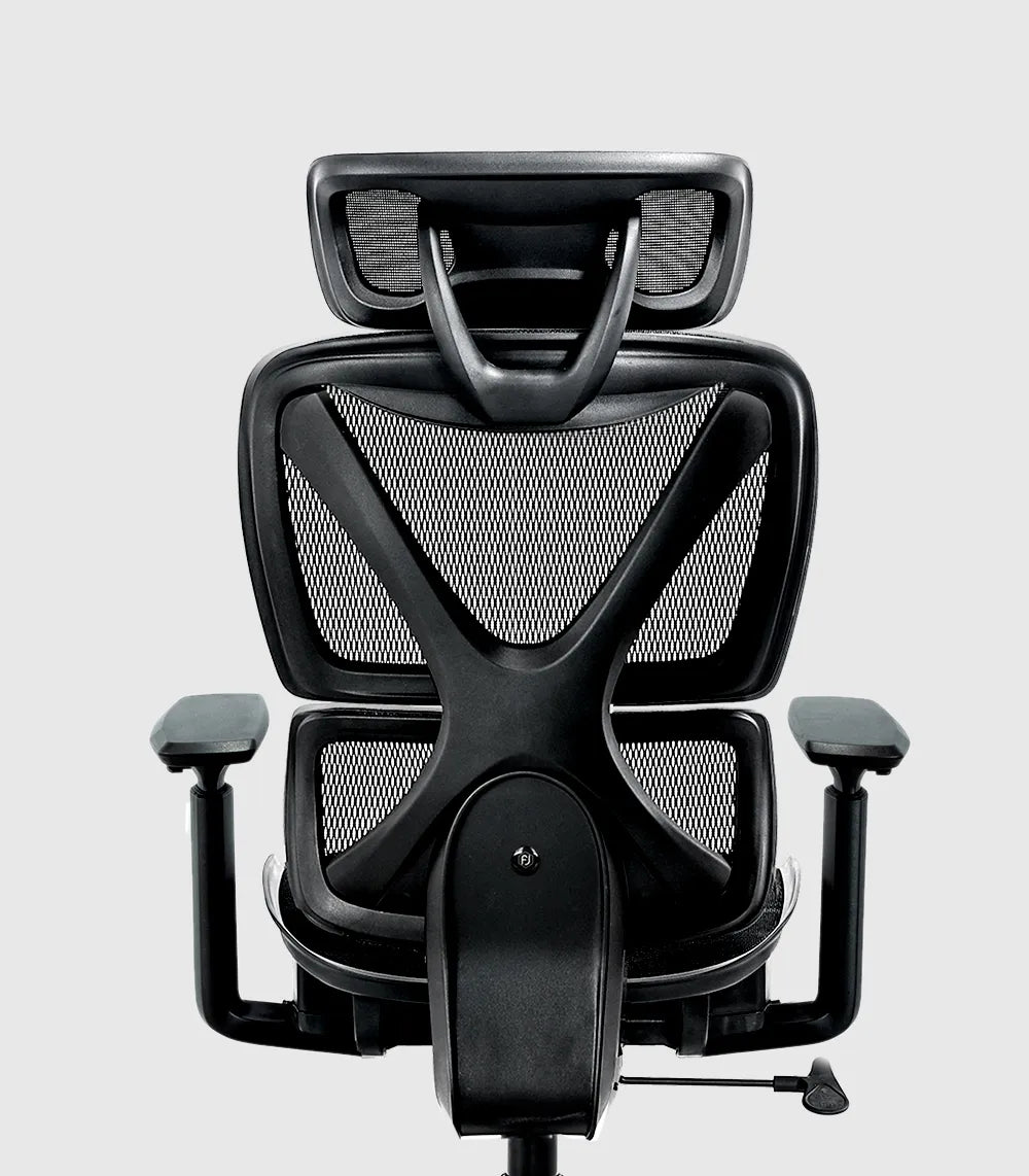 Ergonomic office chair with X-shaped backrest design, promoting 'X Marks the Comfort Spot' by BEA.