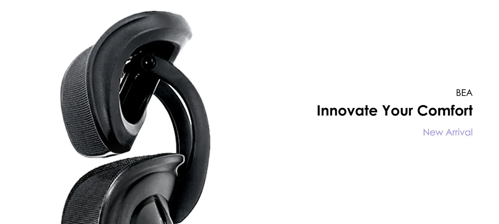 Side detail of BEA ergonomic office chair's armrest and wheelbase with 'Innovate Your Comfort' slogan.
