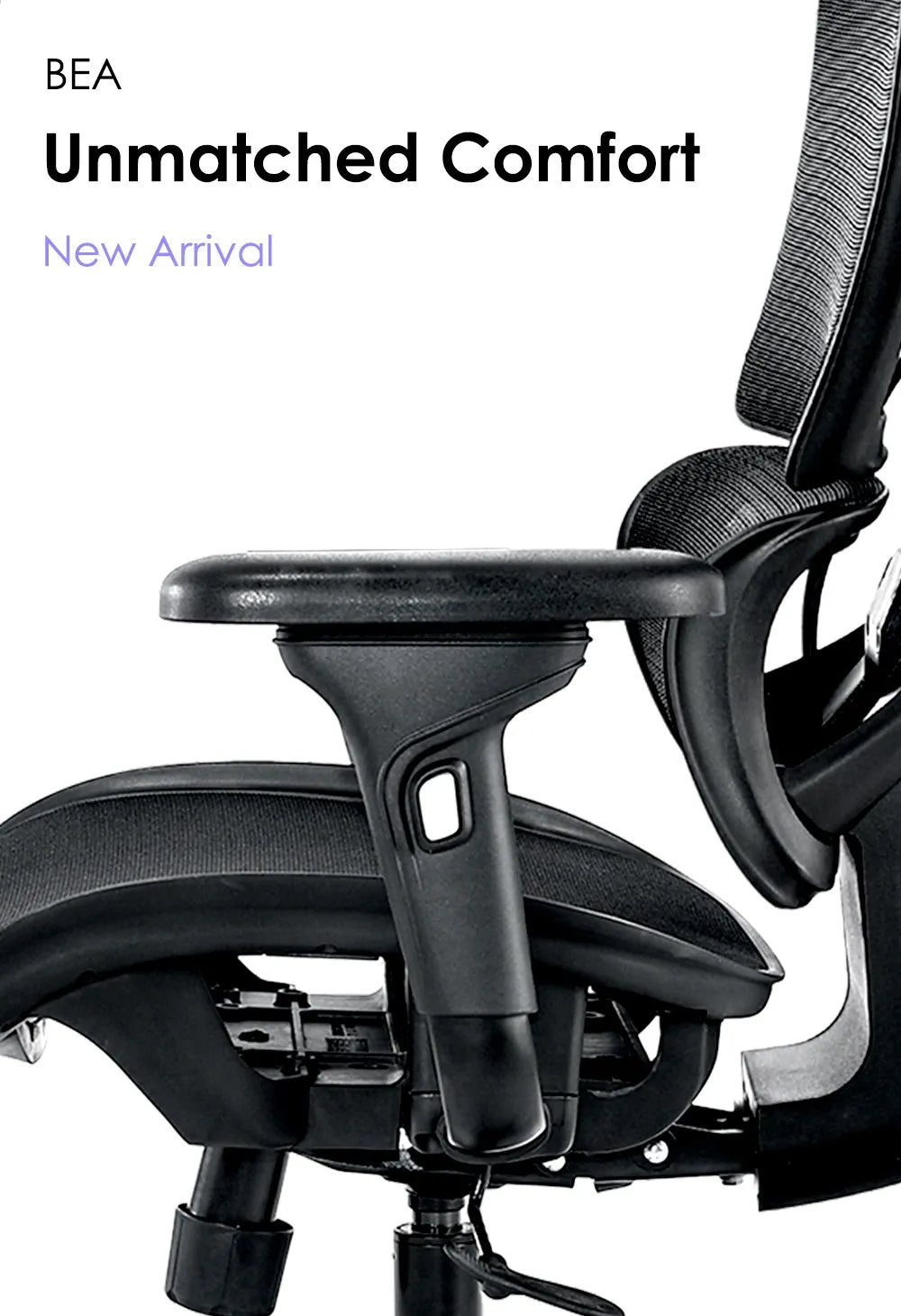 Back view of BEA ergonomic office chair highlighting adjustable features with 'Unmatched Comfort' slogan.