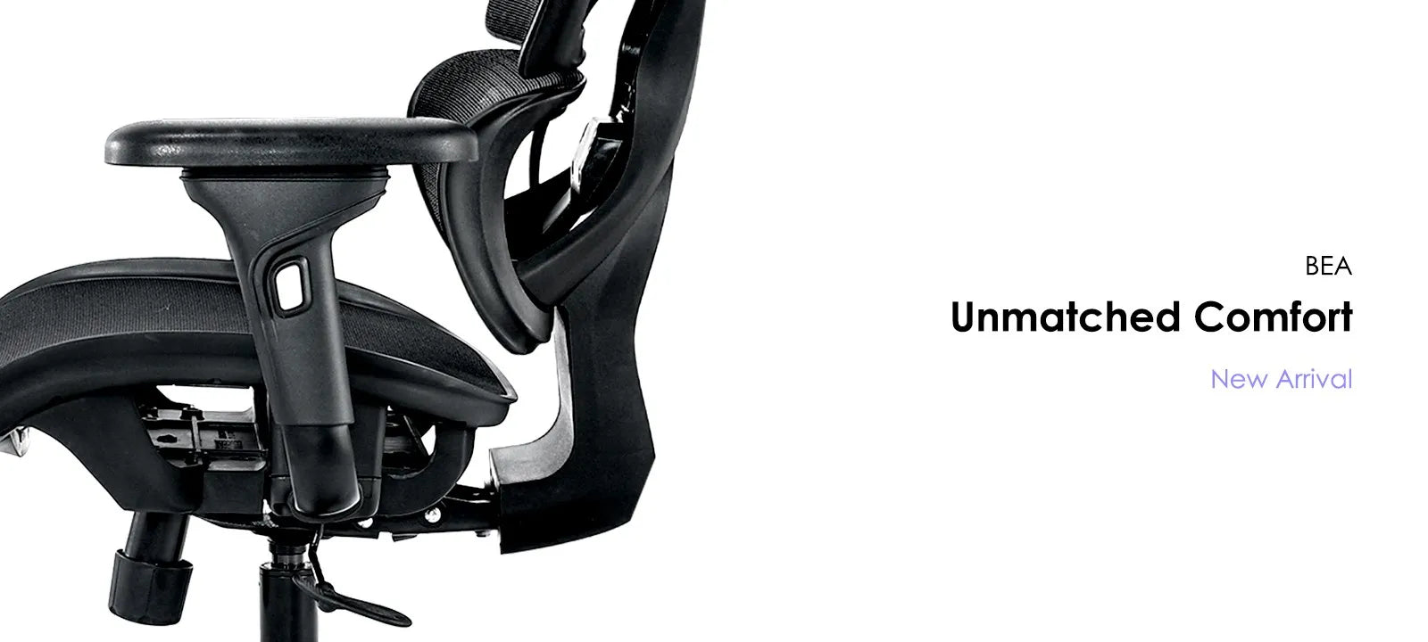 Back view of BEA ergonomic office chair highlighting adjustable features with 'Unmatched Comfort' slogan.