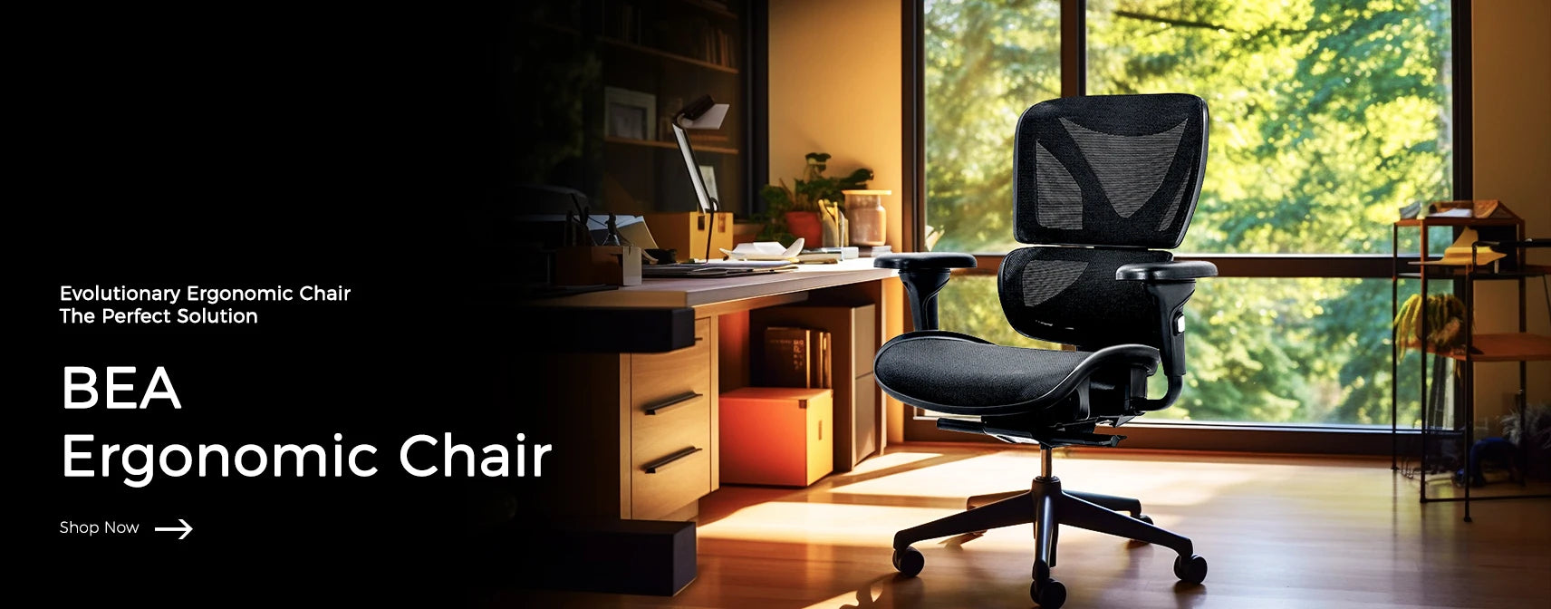 Brightly lit home office space with a scenic view of trees through a large window. Centered is the "BEA Ergonomic Chair" with mesh backrest and padded seat. The workspace features a wooden desk, various stationery items, a lamp, and organized storage. The caption reads "Evolutionary Ergonomic Chair - The Perfect Solution." A "Shop Now" button suggests product availability.