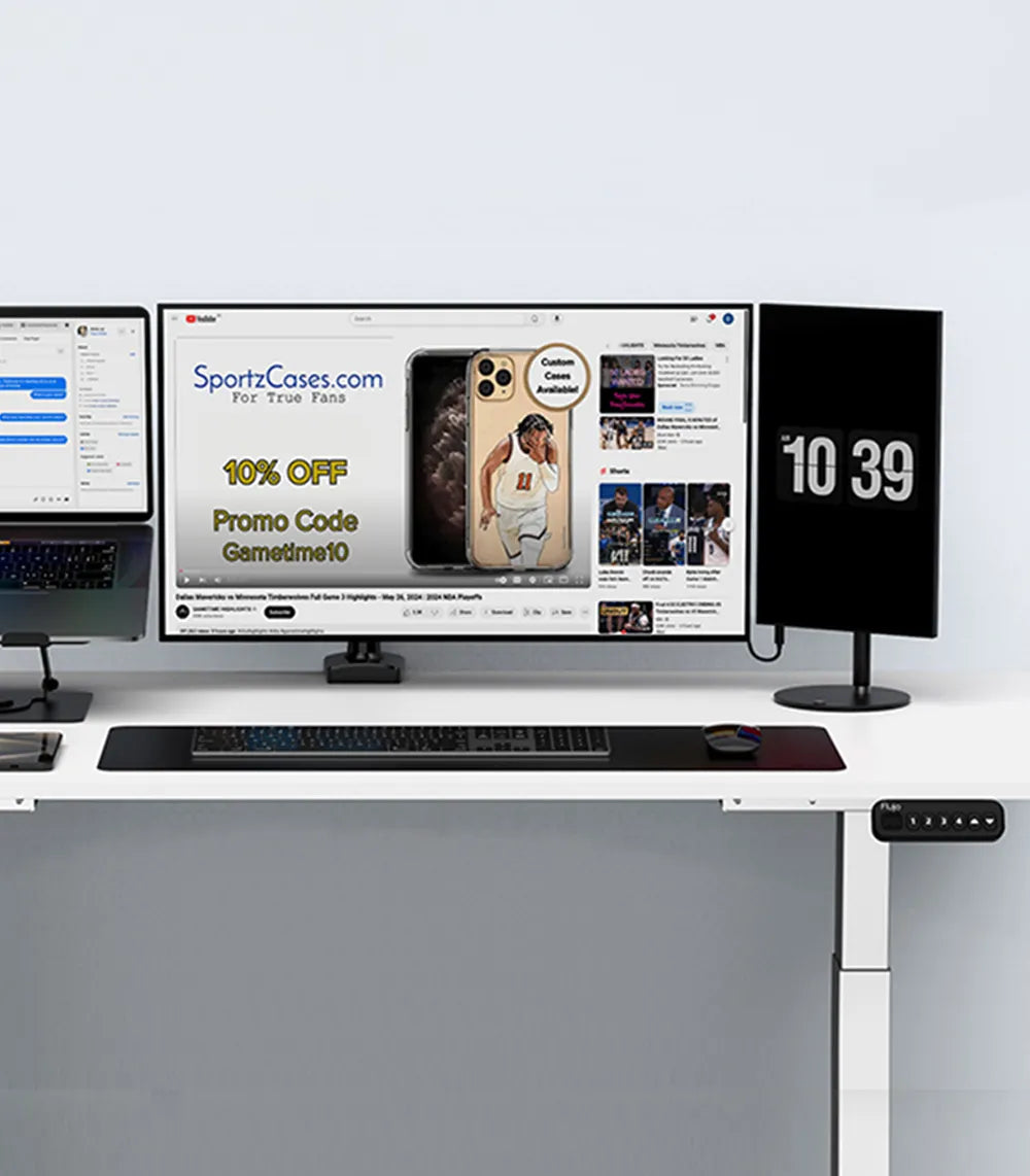 Flujo S8 Portable Monitor Stand setup with multiple devices including a laptop, monitor, and phone on a white adjustable desk.