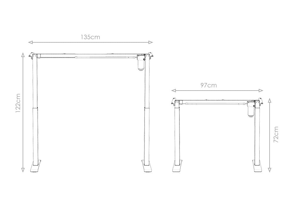 Technical drawing of Flujio SmarTrax Standing Desk with measurements 135cm by 72cm.