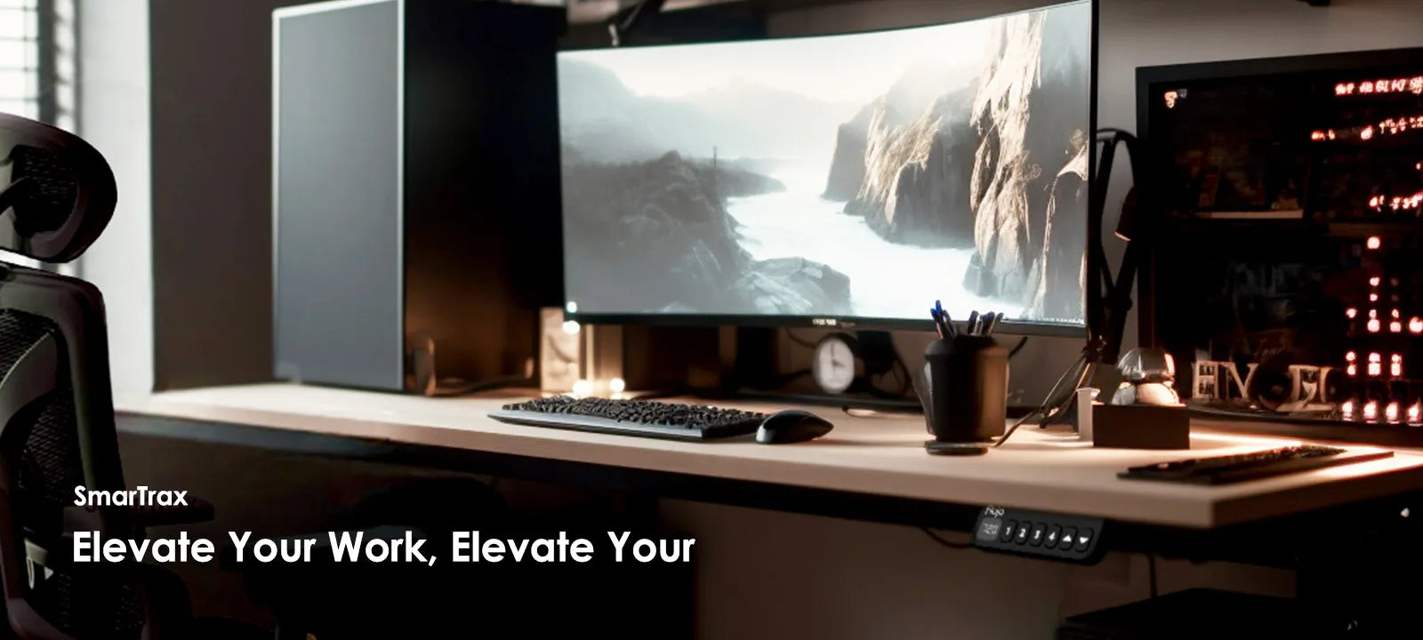 Flujo SmarTrax Standing Desk in a modern workspace setup highlighting ergonomic work environment.