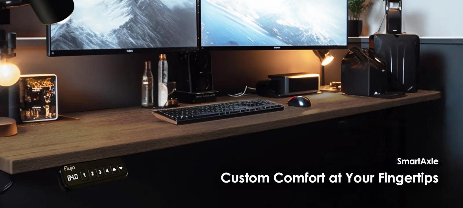 Flujio SmartAxle Standing Desk in use, showcasing custom comfort setup with multiple monitors.