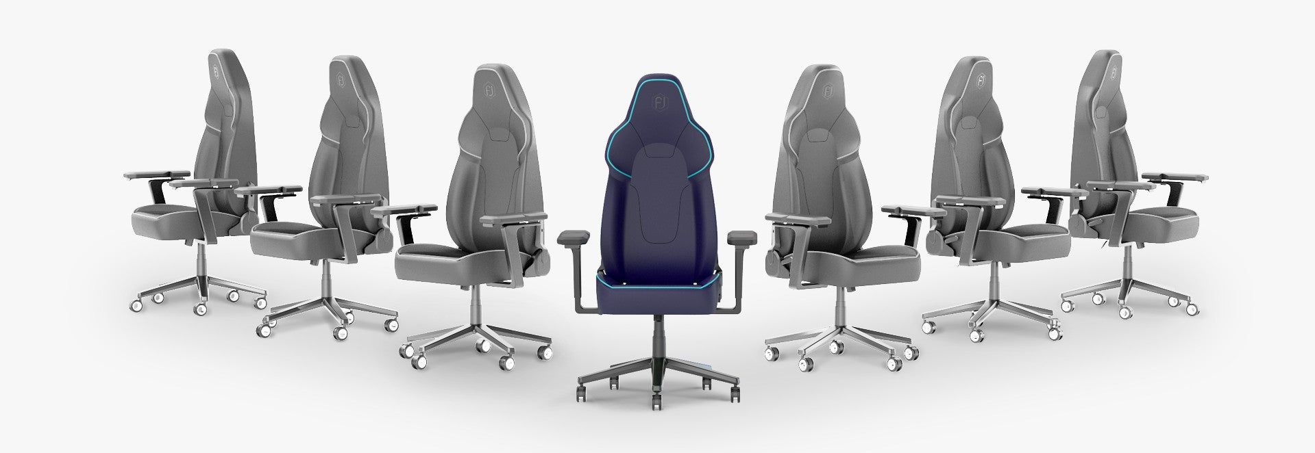 Variety of Flujo ergonomic office chairs displayed in grayscale, highlighting the sleek design and customizable features for optimal support.