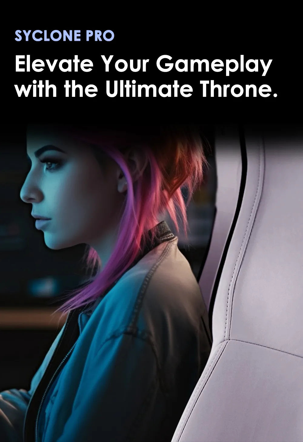 Female gamer sitting in a white SYCLONE PRO gaming chair, enhancing the gaming experience.
