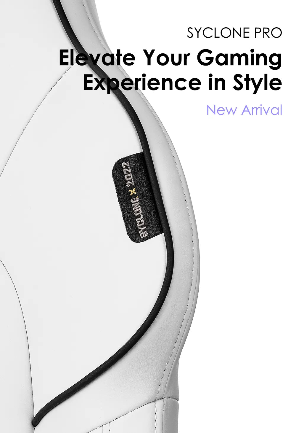 Detail of the white SYCLONE PRO gaming chair's side stitching and label.