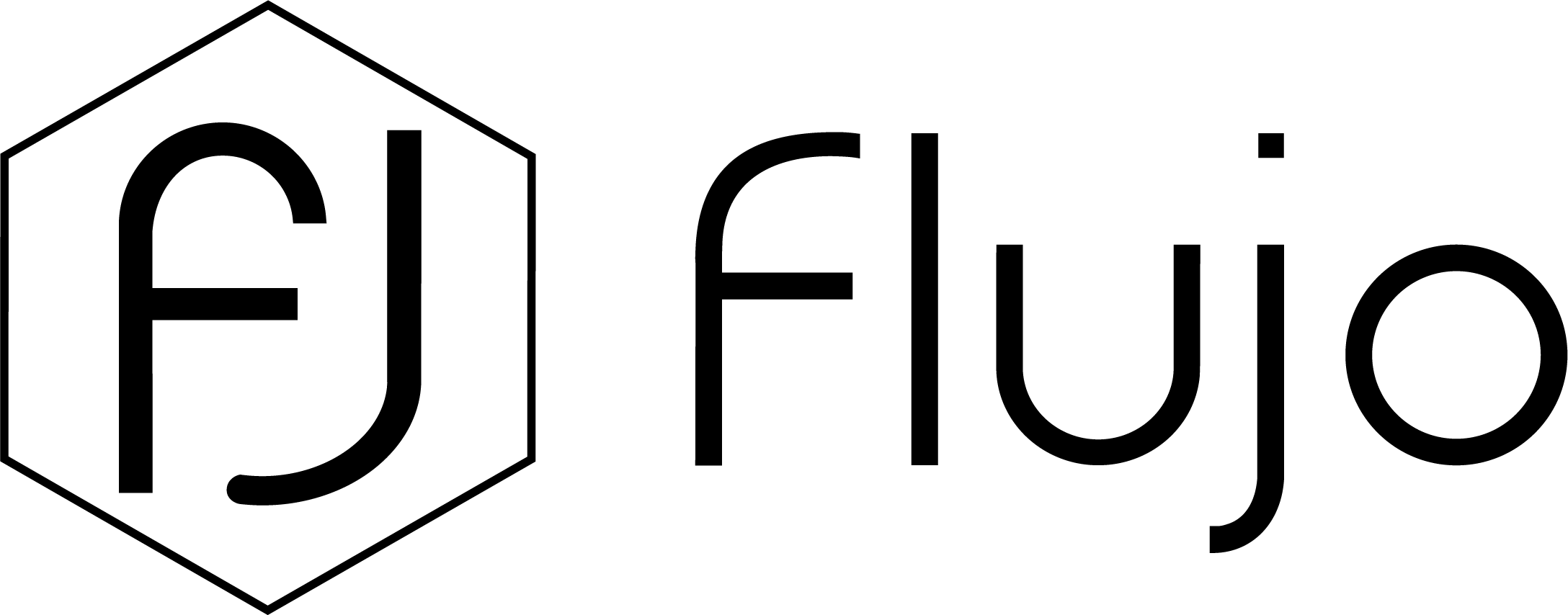 Flujo brand logo with stylized hexagon and bracketed initials 'FJ' in black on a white background