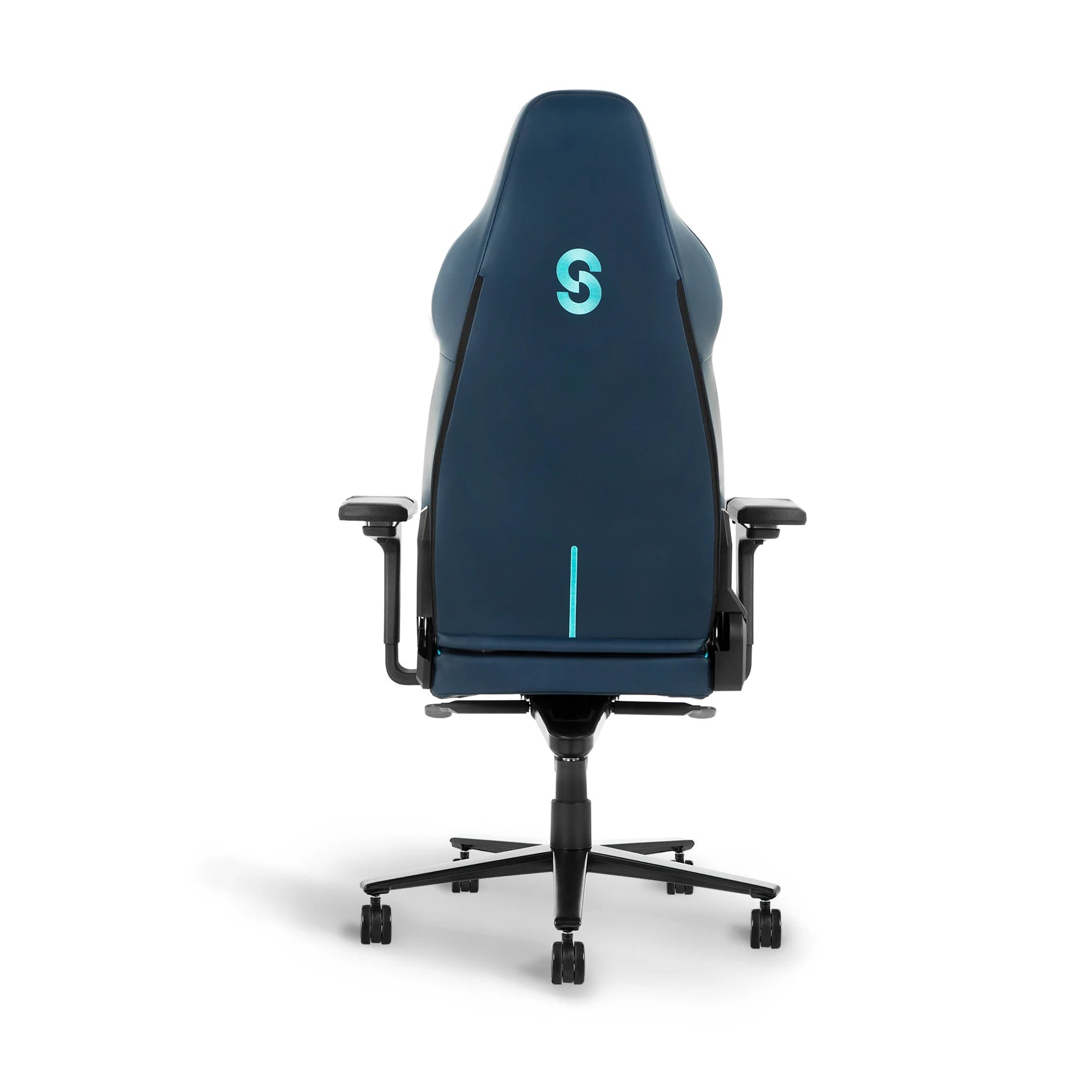 blue view of a blue ergonomic gaming chair with a black 'S' logo and adjustable components.