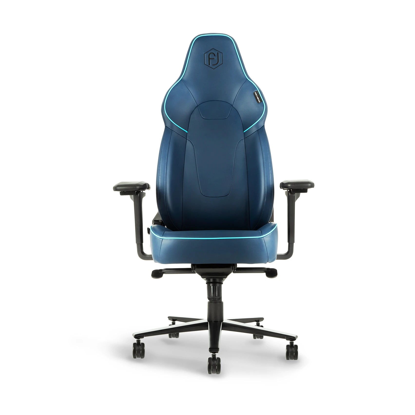 Frontal view of a blue ergonomic gaming chair with black detailing and brand emblem.