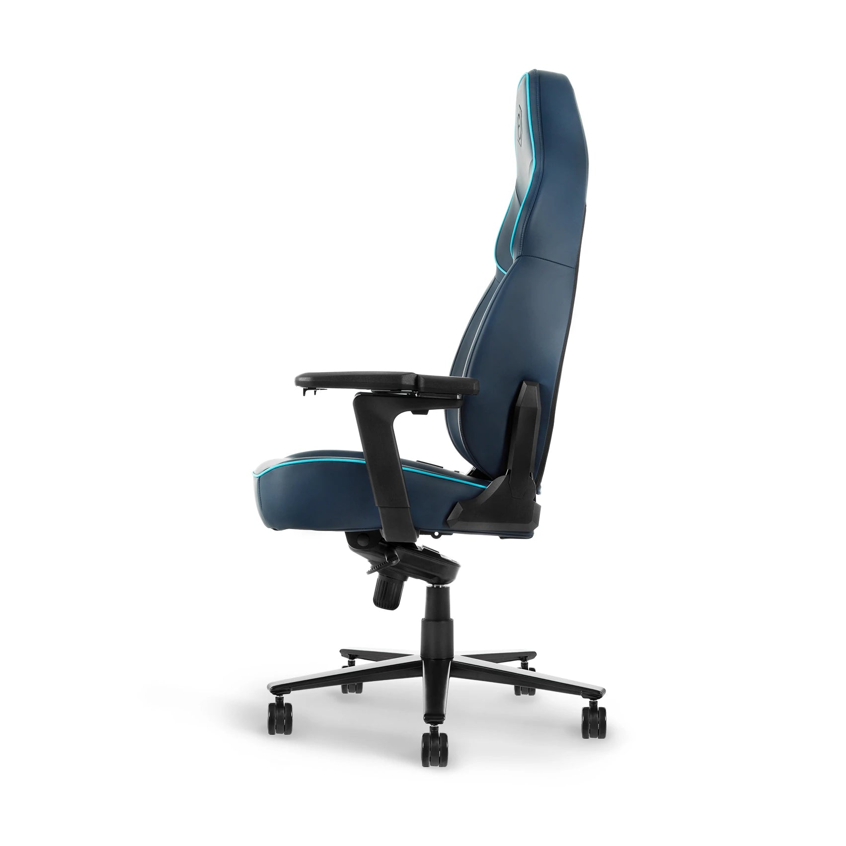 Profile view of a blue ergonomic gaming chair with contour lines and a sleek black frame.