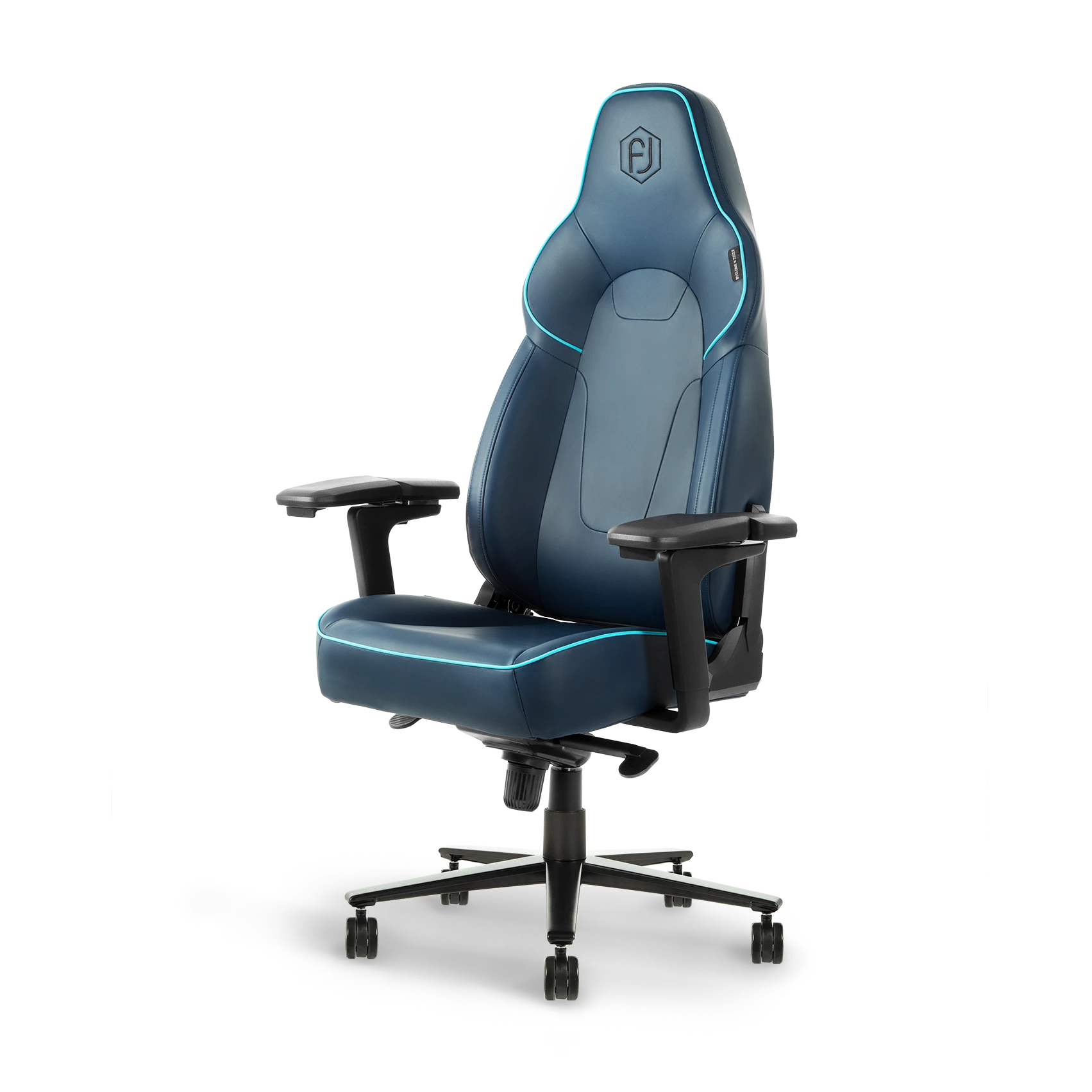 Blue ergonomic gaming chair with adjustable armrests and black accents, front view.