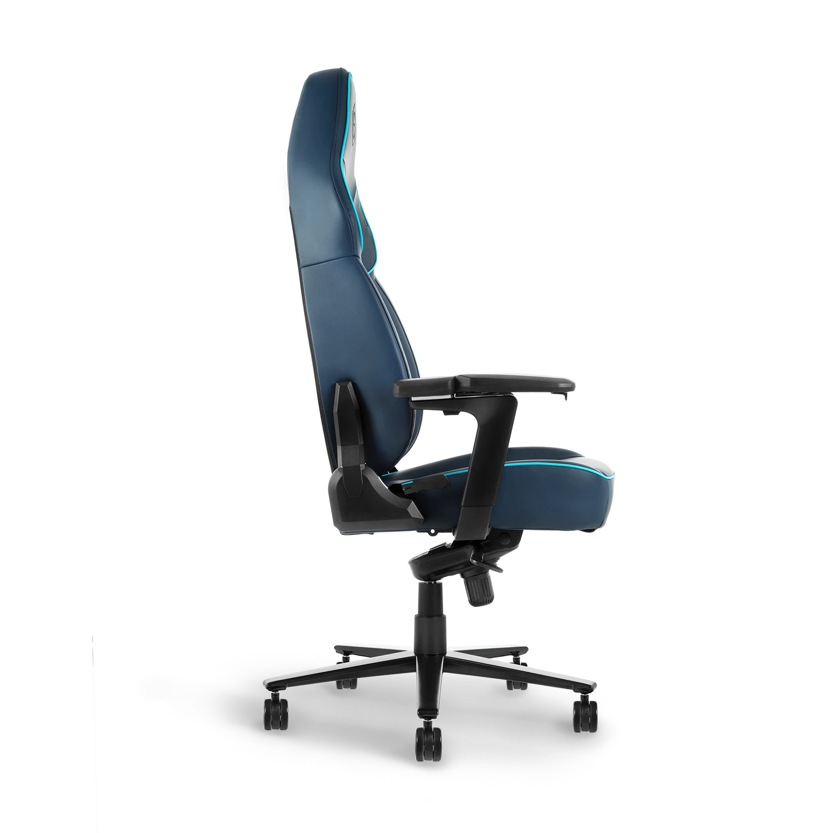 Side view of a blue ergonomic gaming chair with high backrest and black base.