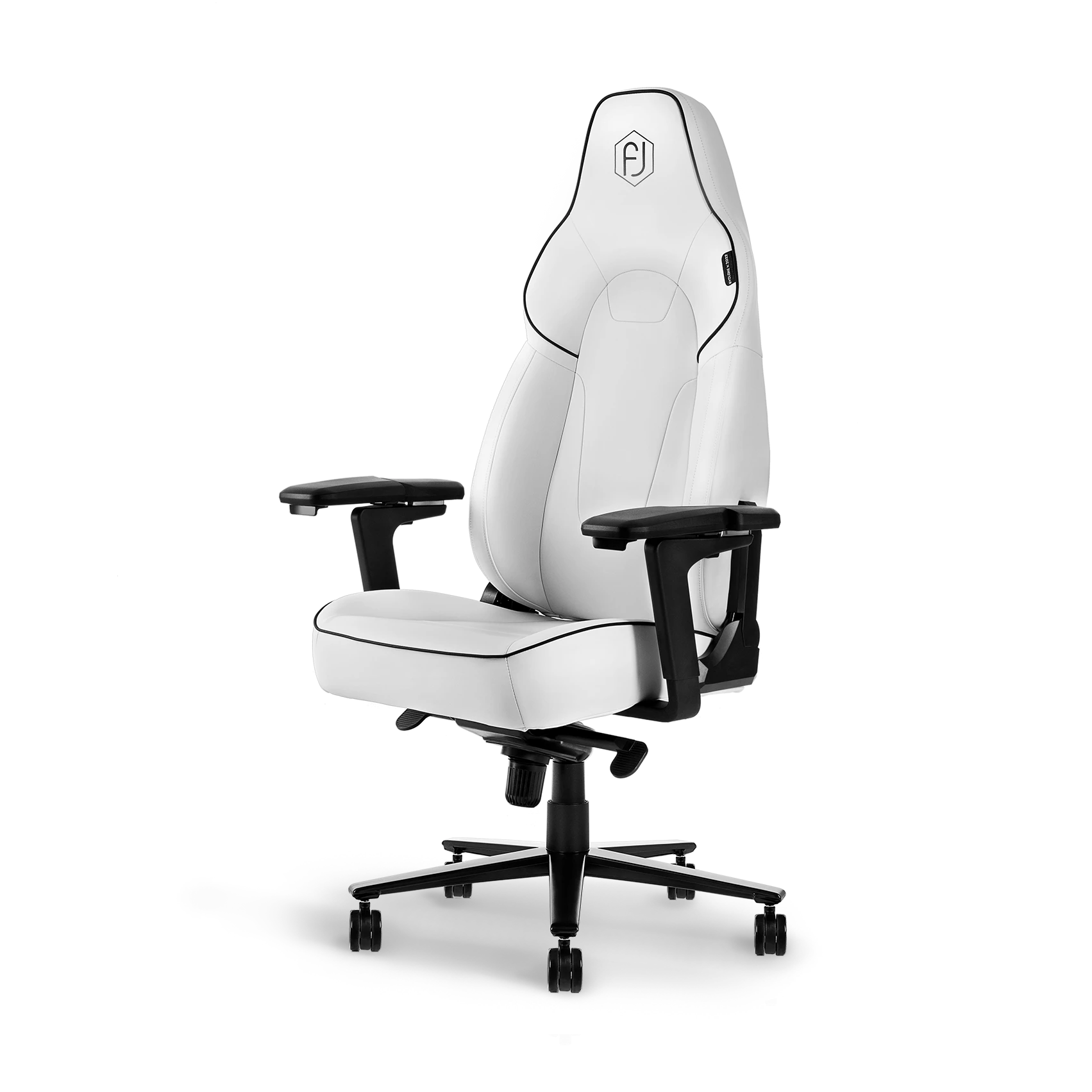 White ergonomic gaming chair with adjustable armrests and black accents, front view.