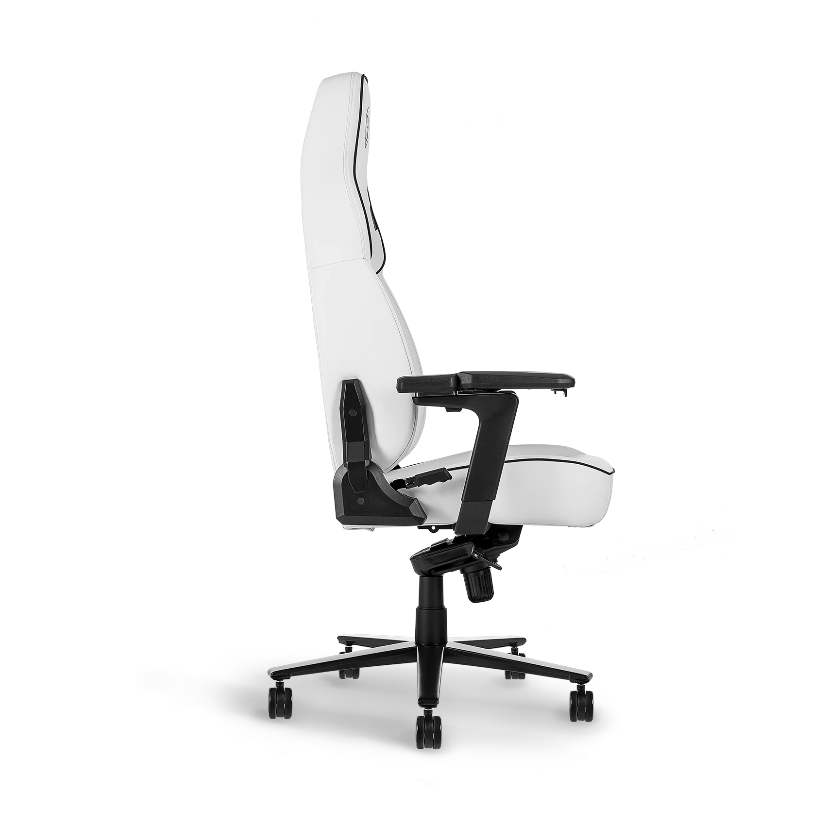 Side view of a white ergonomic gaming chair with high backrest and black base.