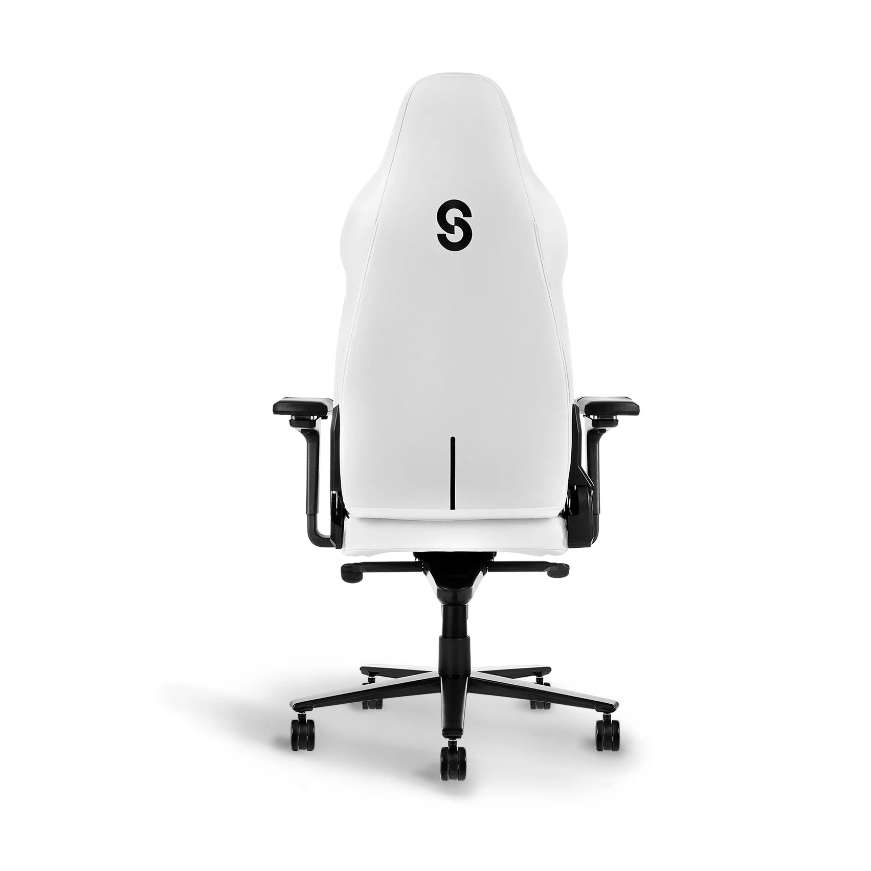 Back view of a white ergonomic gaming chair with a black 'S' logo and adjustable components.