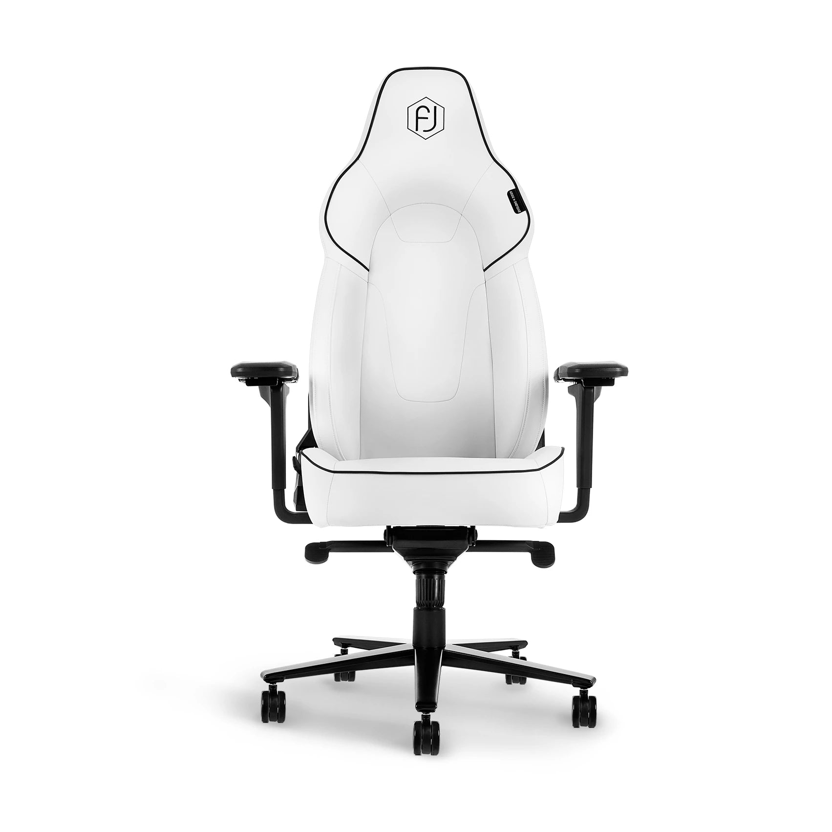 Frontal view of a white ergonomic gaming chair with black detailing and brand emblem.