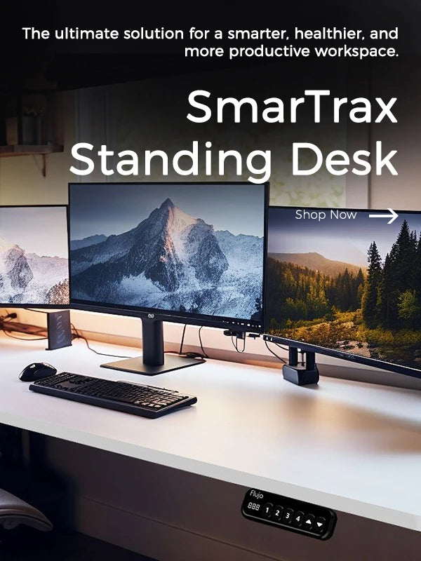 SmarTrax Standing Desk by Flujo in an elegant office setting with a scenic window view, featuring easy height adjustment for ergonomic work comfort.