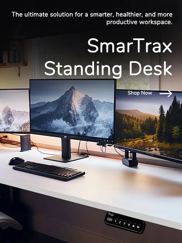 SmarTrax Standing Desk by Flujo in an elegant office setting with a scenic window view, featuring easy height adjustment for ergonomic work comfort.