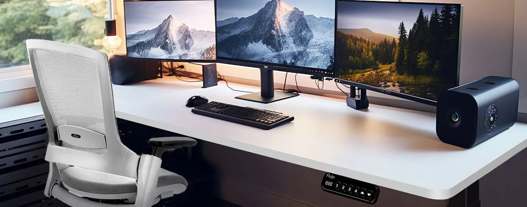 SmarTrax Standing Desk by Flujo in an elegant office setting with a scenic window view, featuring easy height adjustment for ergonomic work comfort.
