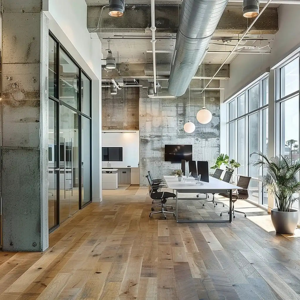 Modern office space with large windows, wooden floors, and ergonomic furniture. The text overlay reads 'Our Latest Ergonomic Lifestyle Blogs' with a button labeled 'Insights and Tips'