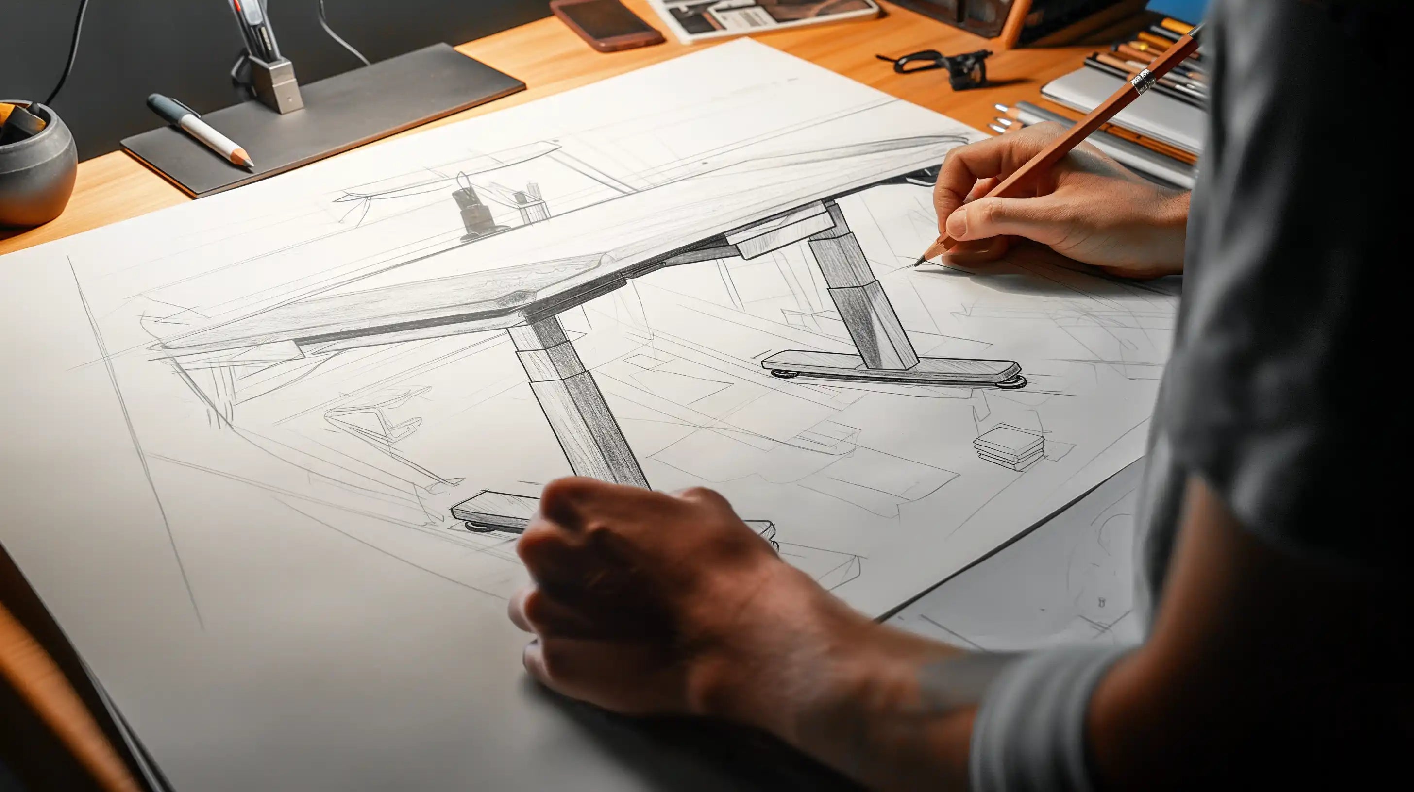 A person drawing a design sketch of a standing desk, showcasing the structure and details of the desk.