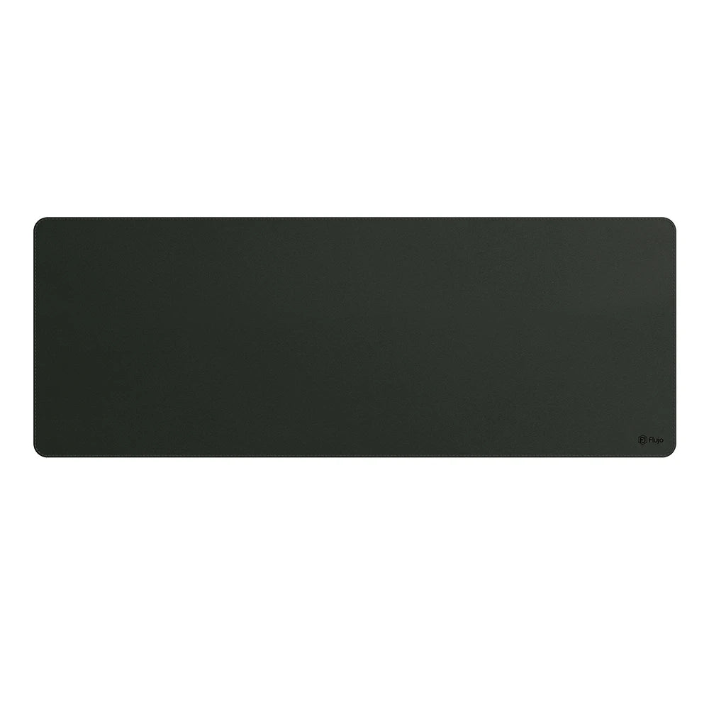 Navy black desk mat with a subtle Flujo logo in the bottom right corner, offering a large, smooth surface for comfortable writing and mouse usage