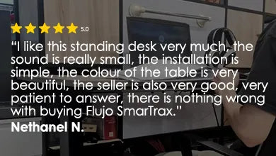 Customer review with a 5-star rating praising the Flujo Standing Desk for its minimal noise, simple installation, beautiful design, and excellent customer service from Flujo