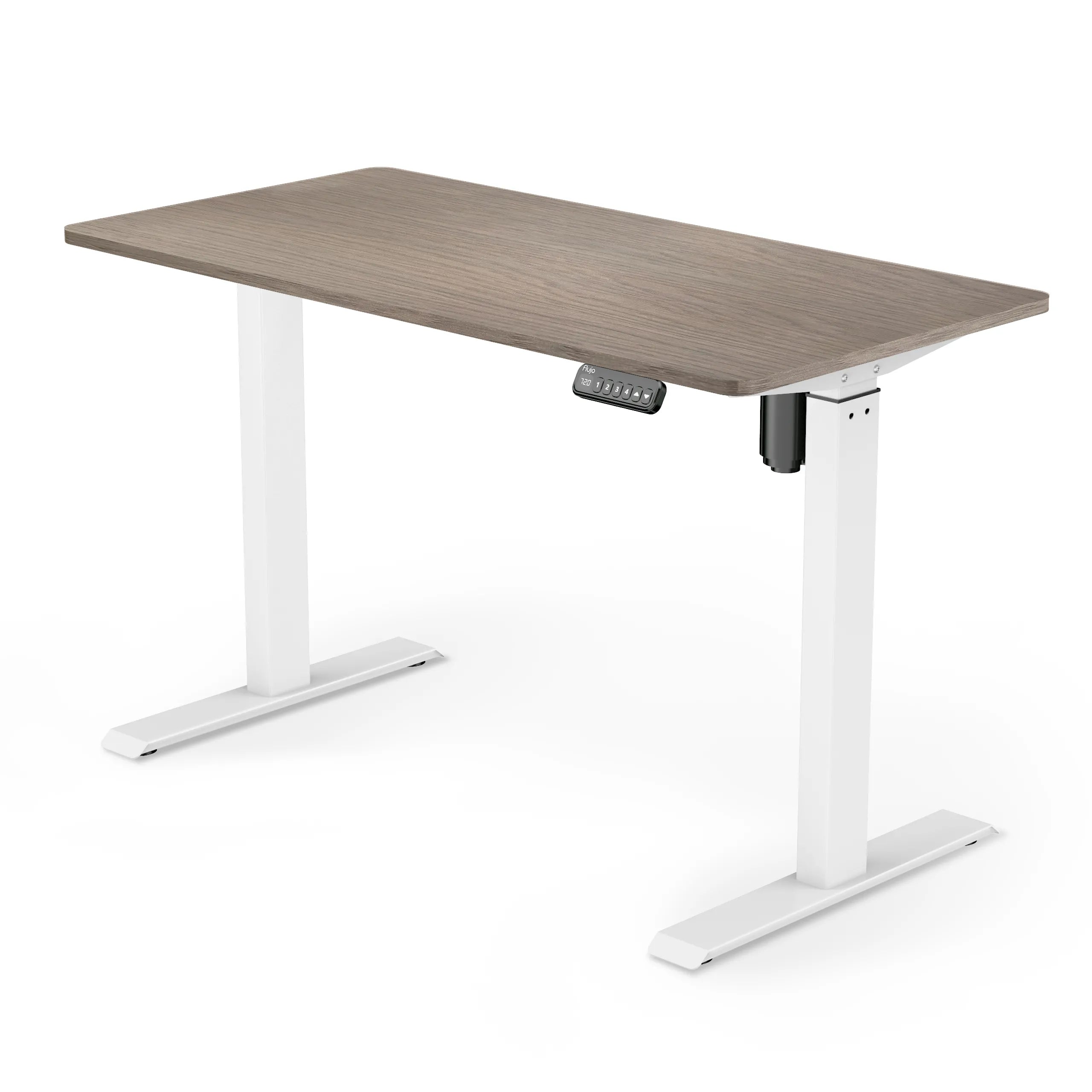 SmarTrax Ergonomic Standing Desk featuring a arizona wood finish and white frame, complete with programmable height settings for a comfortable standing work experience.