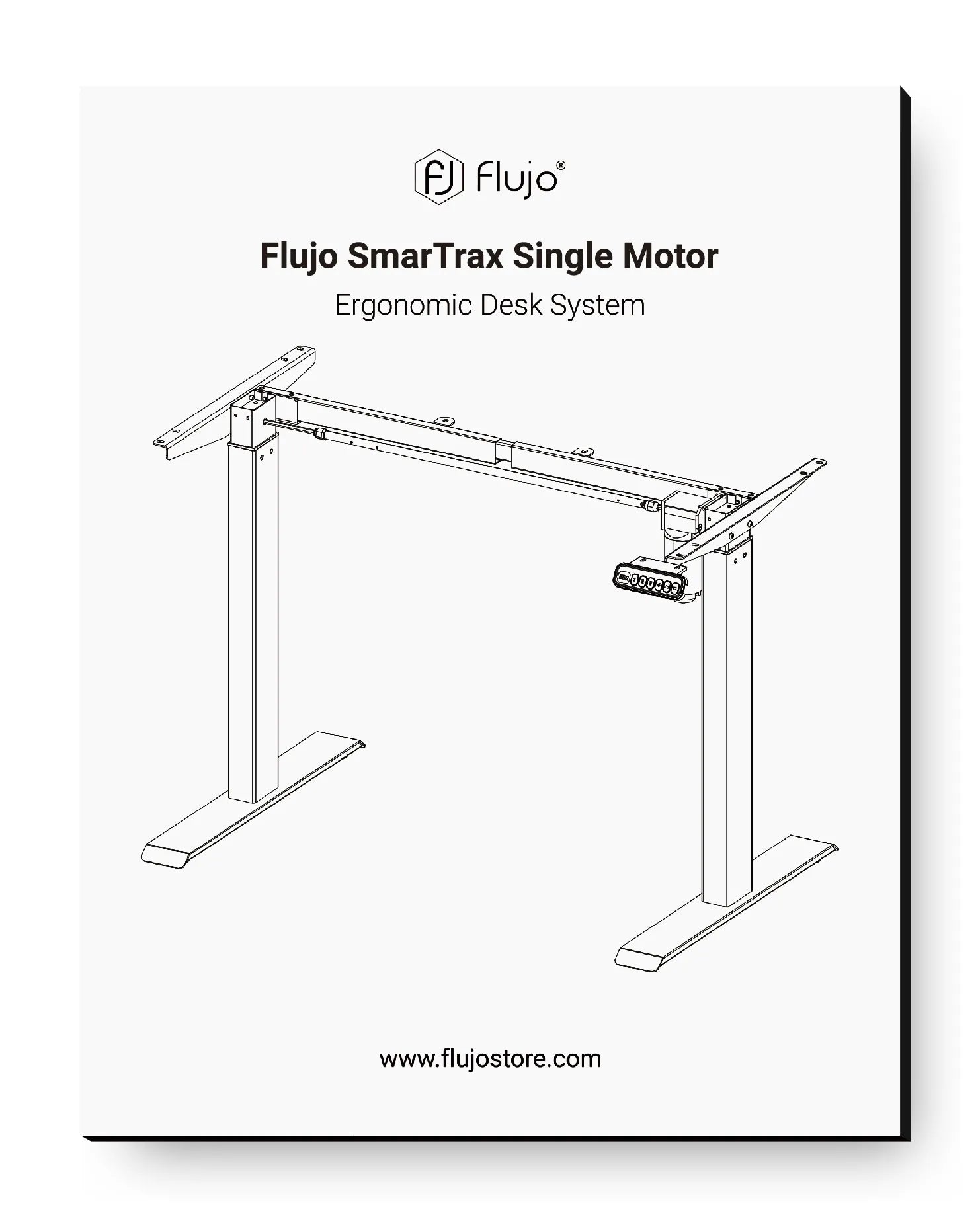 Line art of the Flujo SmarTrax Single Motor Ergonomic Desk System with a wide, adjustable frame, part of the ergonomic desk systems at Flujo's online storefront.