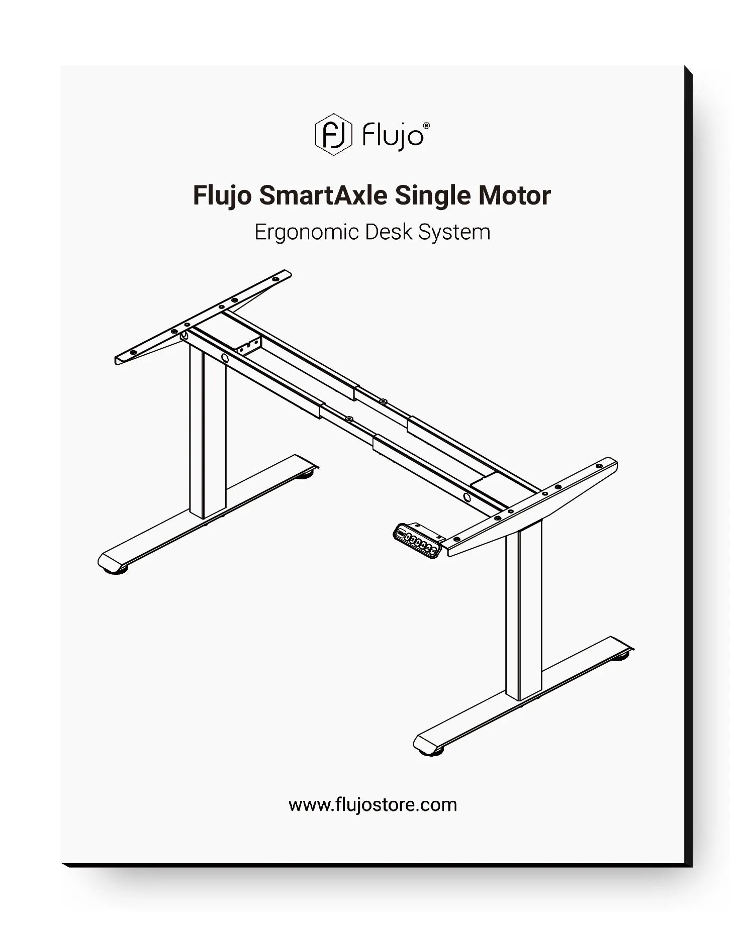 Line art of the Flujo SmartAxle Dual Motor Ergonomic Desk System with a wide, adjustable frame, part of the ergonomic desk systems at Flujo's online storefront.