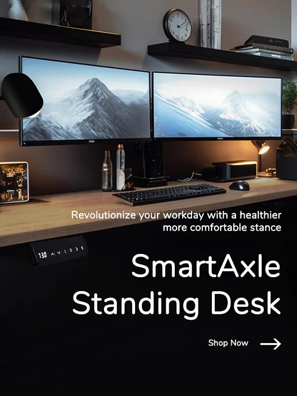SmartAxle Standing Desk in a contemporary office setup with dual monitors, emphasizing ergonomic posture and productivity