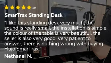 Customer review with a 5-star rating praising the Flujo Standing Desk for its minimal noise, simple installation, beautiful design, and excellent customer service from Flujo