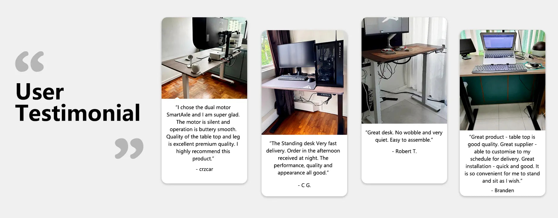 Compilation of Flujo standing desk reviews, praising its silent dual motor, smooth operation, fast delivery, and customization options for optimal work convenience