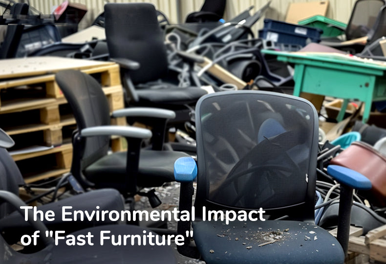 Pile of discarded office chairs and furniture, illustrating the environmental impact of fast furniture.