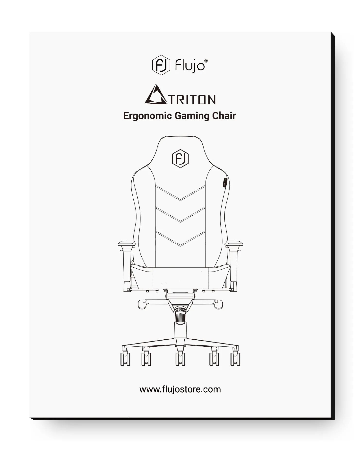 Artwork of the Flujo Triton Ergonomic Gaming Chair, with a racing-style backrest and shoulder support, from the gaming collection on the Flujo store website.