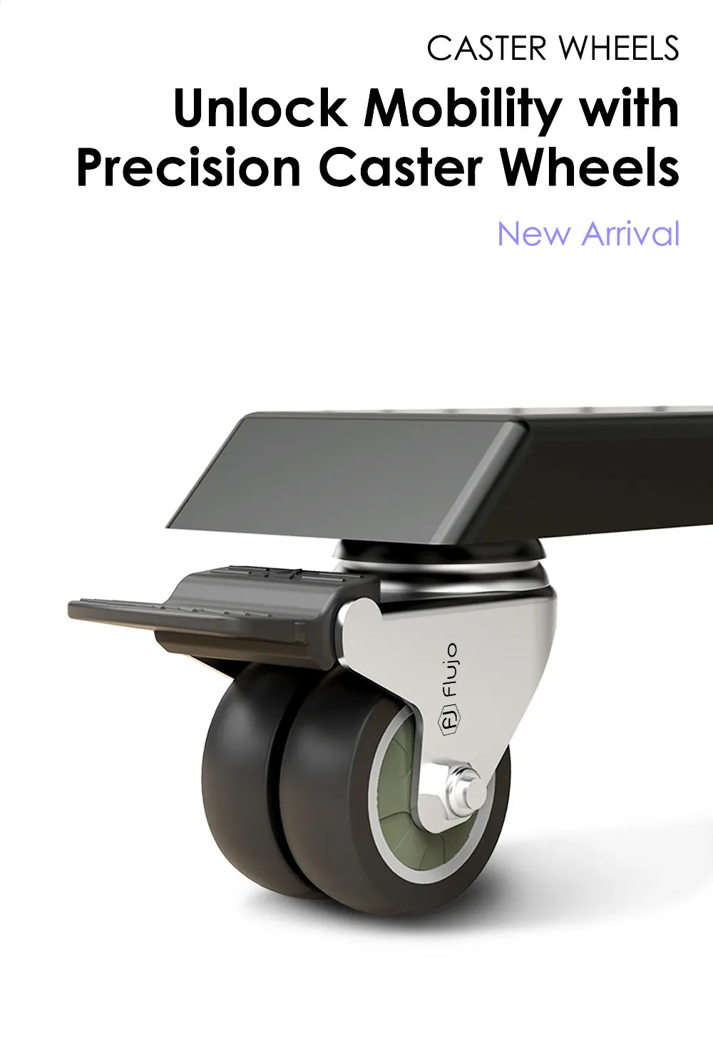 A close-up of a caster wheel attached to a standing desk leg, with the headline 'Unlock Mobility with Precision Caster Wheels' indicating new, smooth-rolling desk mobility solutions.