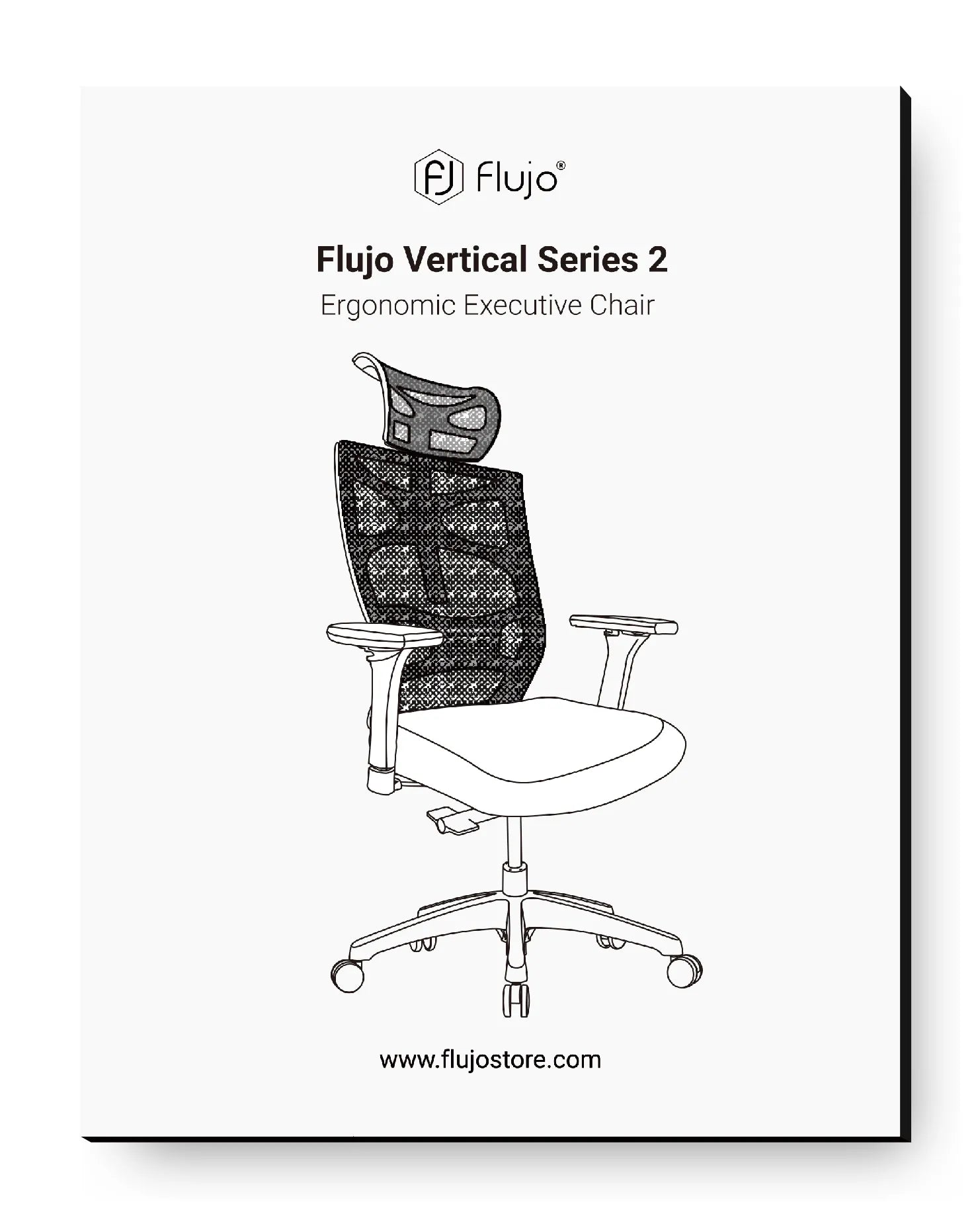 Graphic of the Flujo Vertical Series 2 Ergonomic Executive Chair, with a high mesh back and distinct headrest, available for purchase at Flujo's online store.